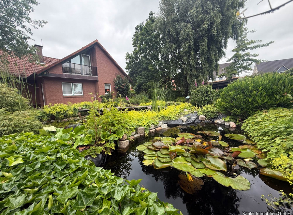 Blick über den Teich auf das Haus
